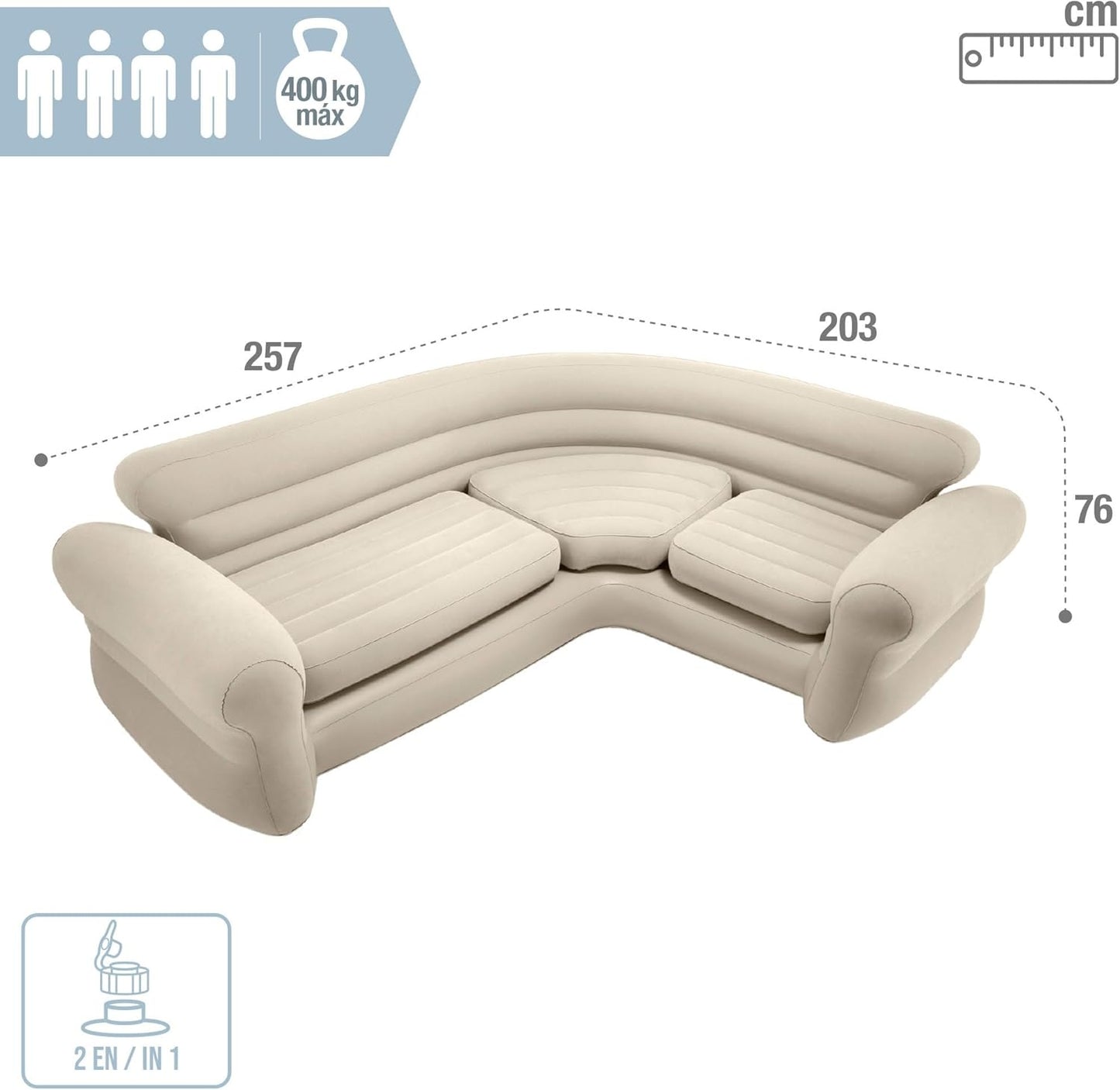 Inflatable Corner Sofa, 4-Person, 257x203x76 cm, Beige