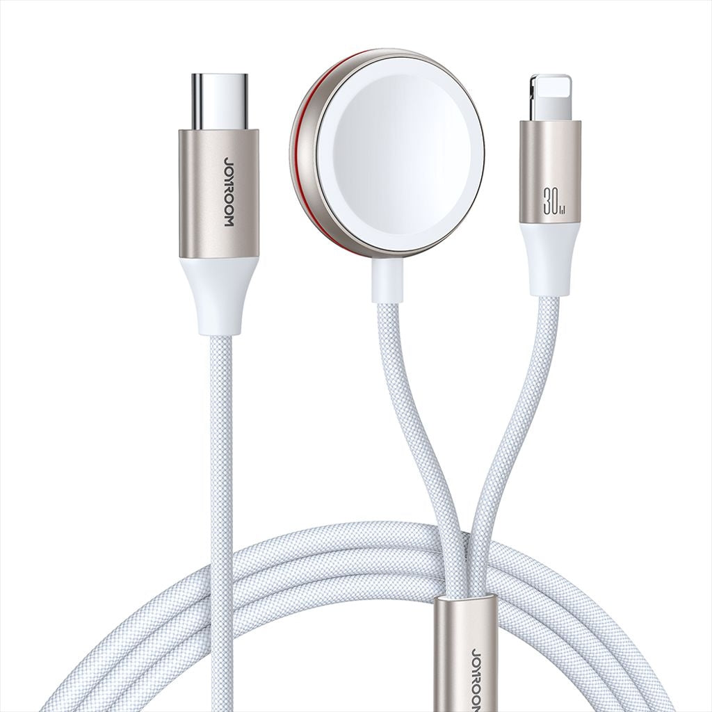 Joyroom 2-in-1 Apple Watch Magnetic Charger and 30W Fast Charging USB-C Cable, 1.5m - White