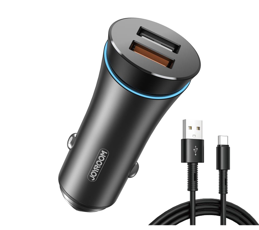 Joyroom 30W Dual-Port Car Charger QC3.0 with USB-A to USB-C Cable – Black
