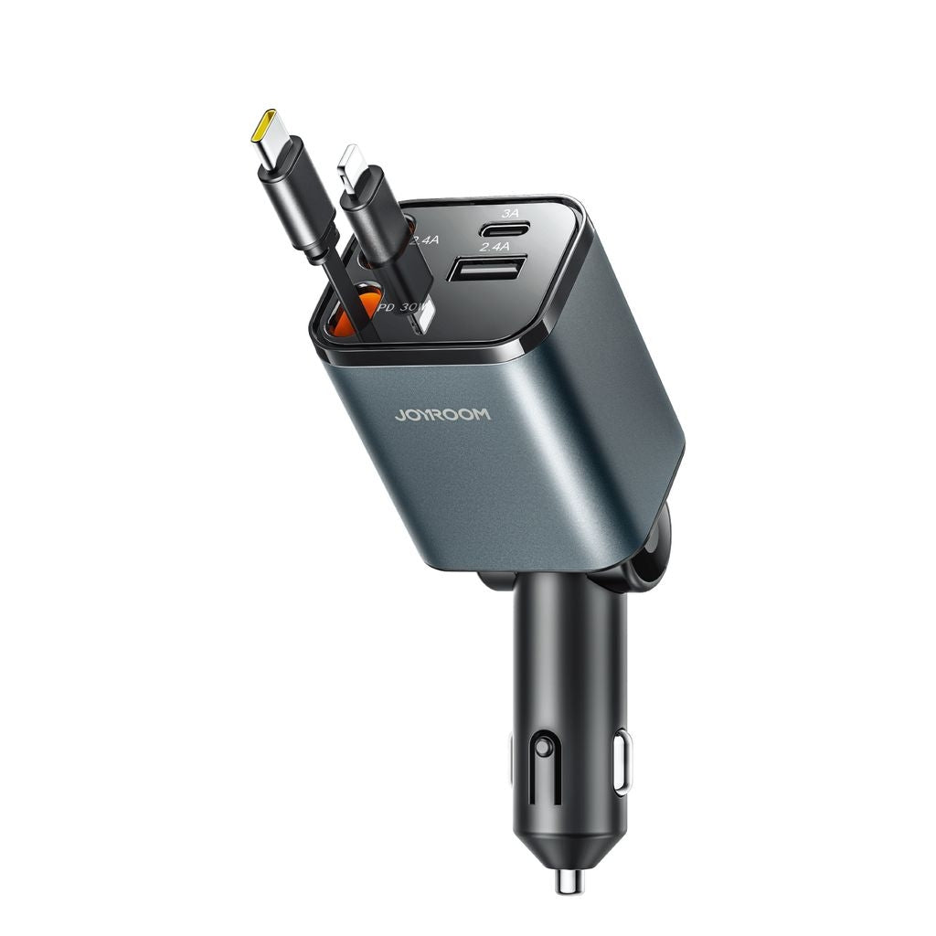 Joyroom 4-in-1 Car Charger 30W with Retractable USB-C/Lightning Cables