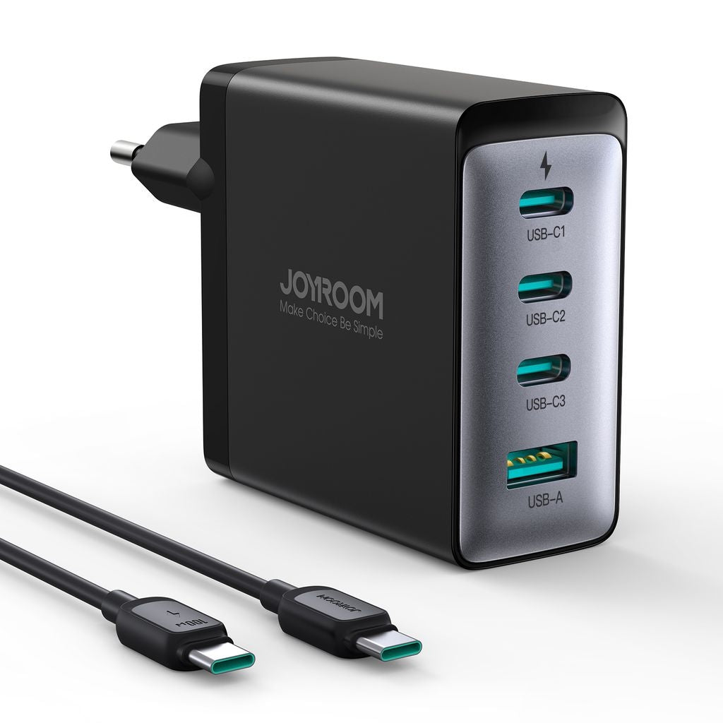 Joyroom Wall charger, 3x USB-C + USB-A, PD, GaN, 100W, with USB-C cable - Black