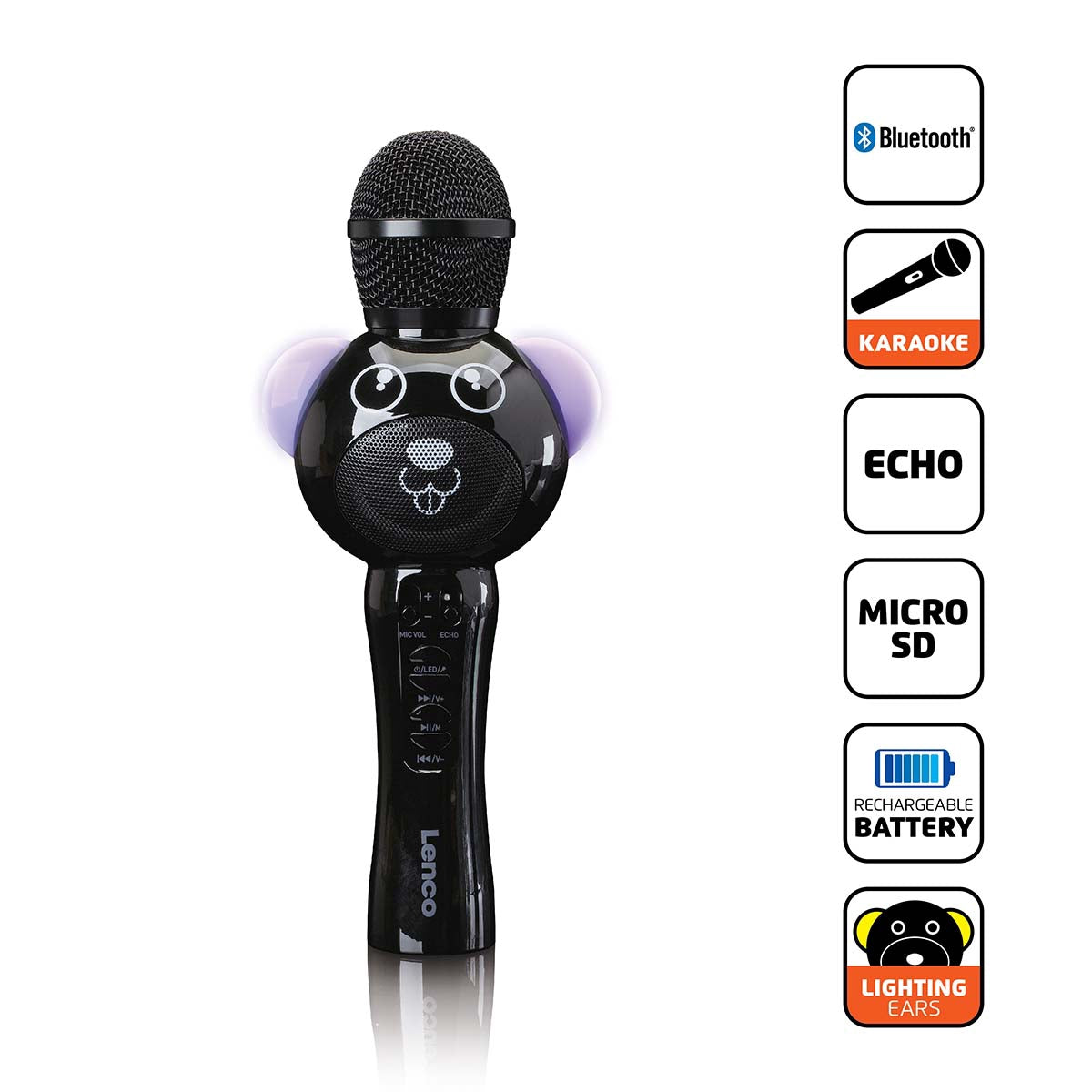 Karaoke Microphone with Bluetooth, SD Slot, LED Lights, Black