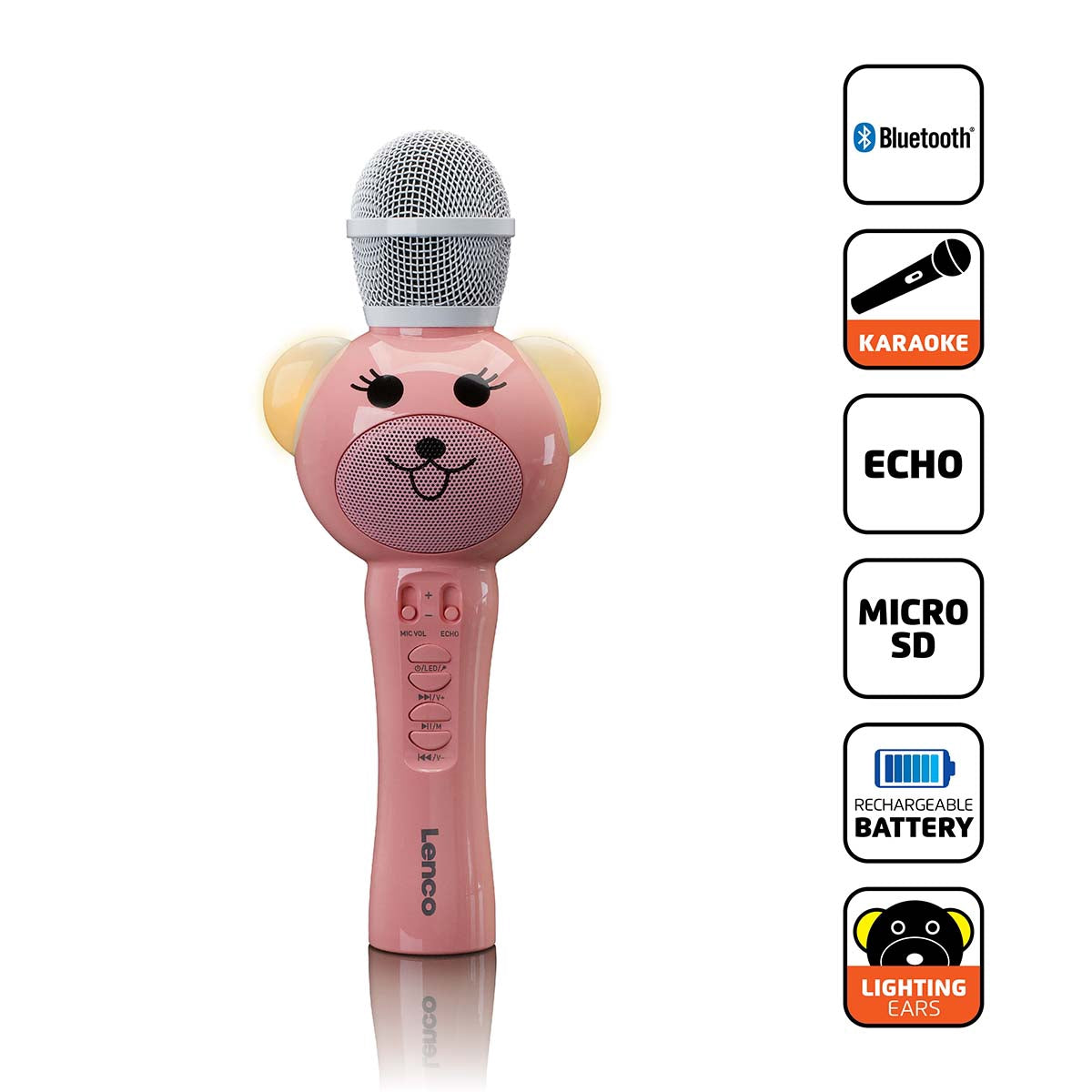 Karaoke Microphone with Bluetooth, SD Slot, LED Lights, Pink
