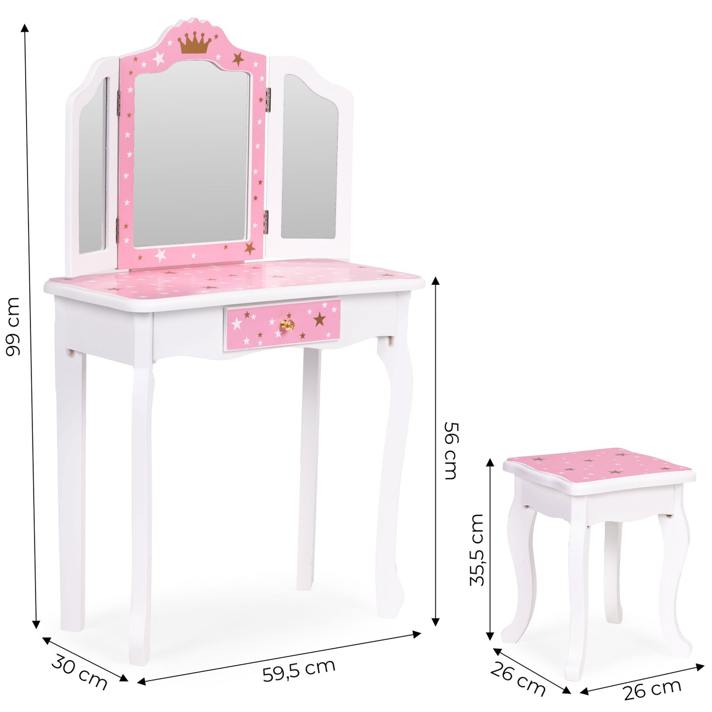 Kids' Wooden Vanity Table with Triple Mirror & Stool