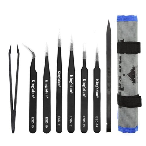 Kingsdun Tip Set/Tweezers, 8 pieces, ESD - Black