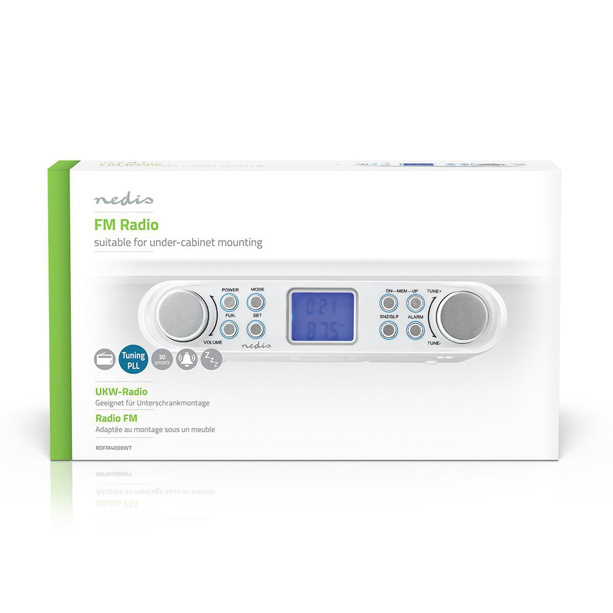 Kitchen Radio | Cabinet Design | FM | Power adapter | Digital | 1.5 W| 2" | Black Blue Screen | Alarm Clock | Silver / White