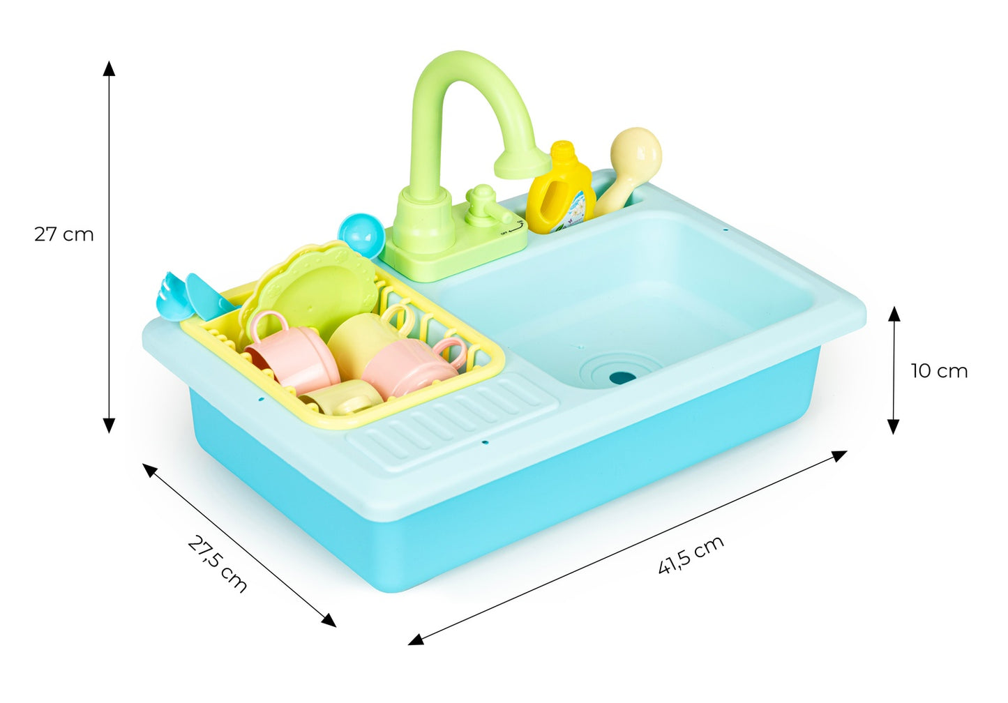 Kitchen sink with tap filled with water, 12 accessories, children's toy