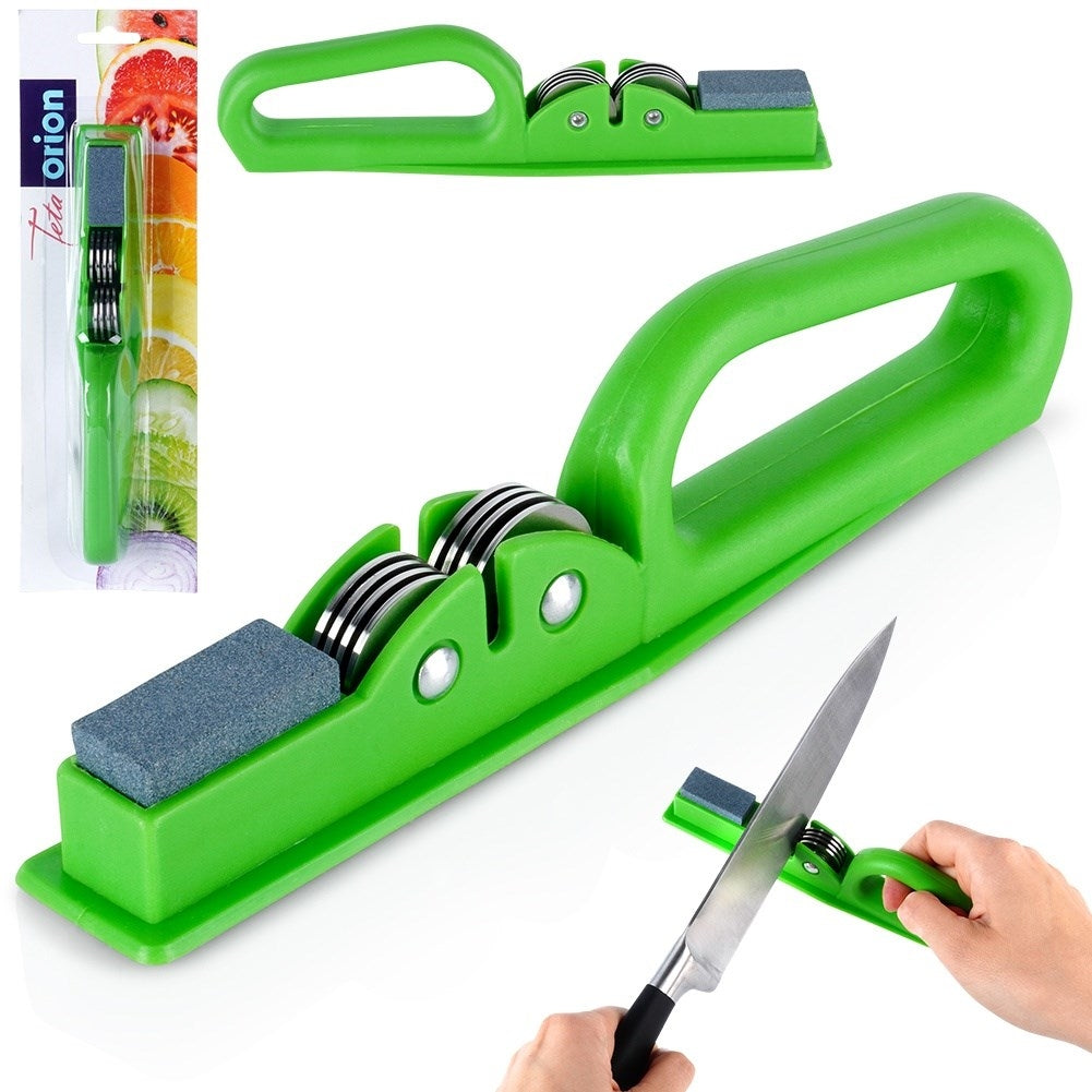Knife sharpener for stainless steel knives with whetstone and metal rollers