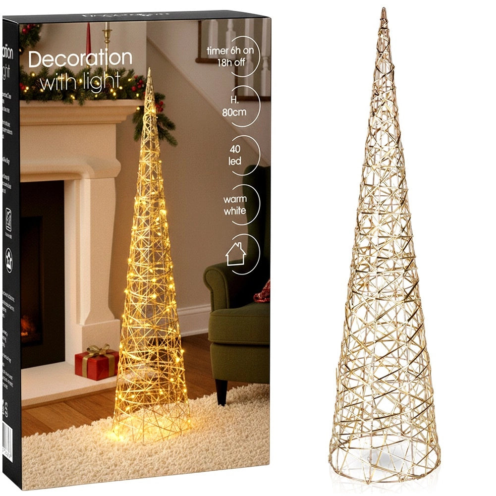 LED Christmas Cone Tree, Gold, 40 Lights, 80 cm