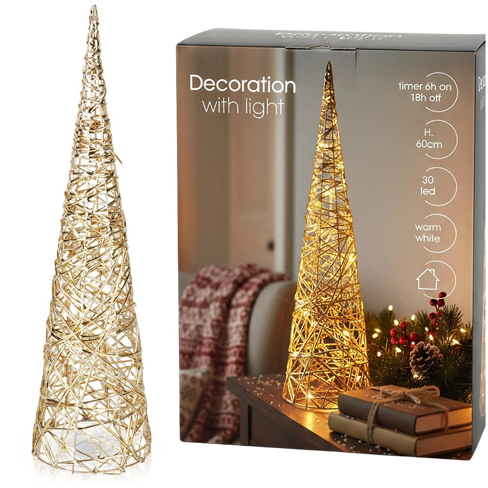 LED Christmas Cone Tree, Gold, 60 cm, Timer Function