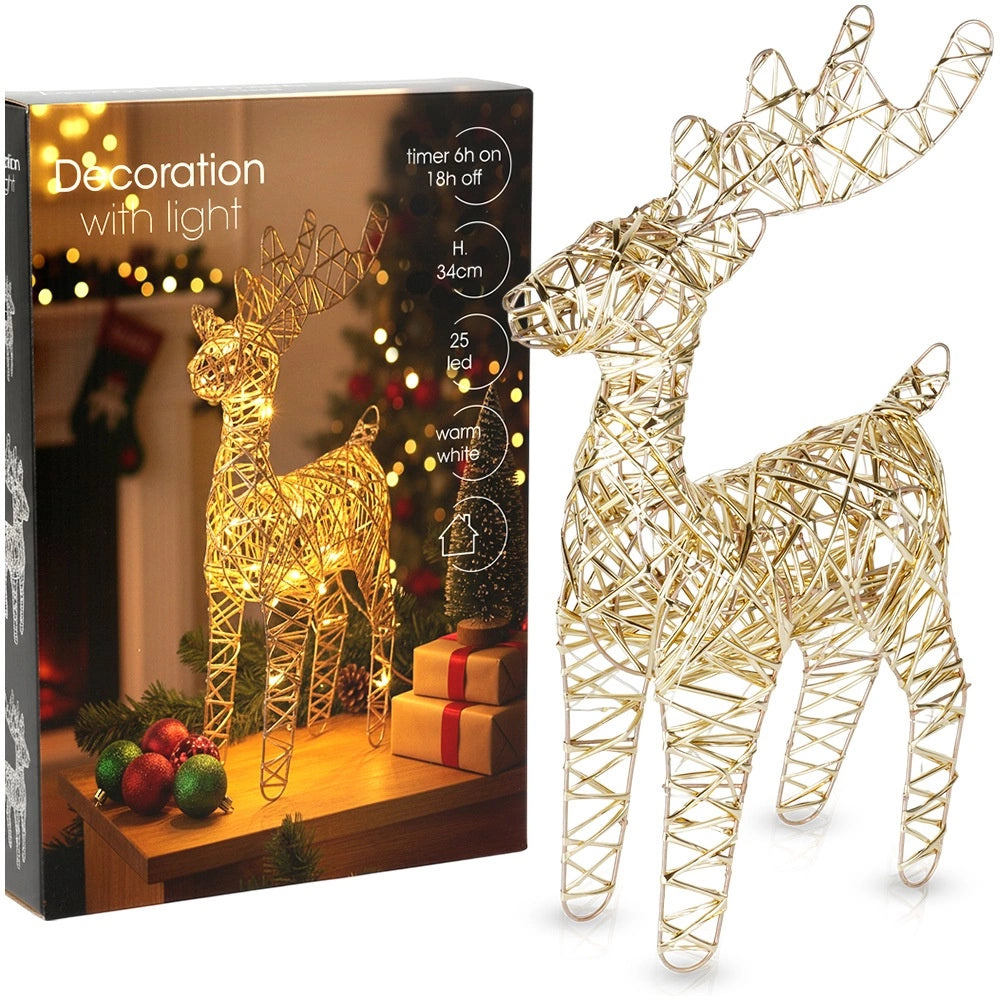 LED Reindeer Figurine, Gold, 34 cm, Timer Function