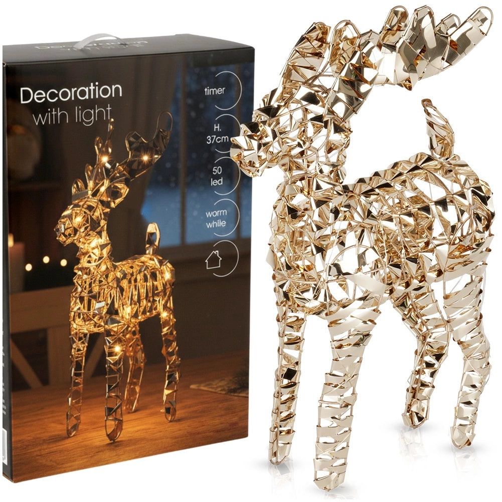 LED Reindeer Figurine, Gold, 50 Lights, 37 cm