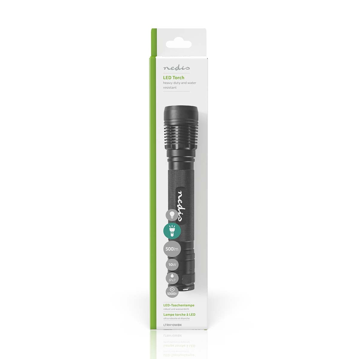 LED flashlight | Battery powered | 4.5 V DC | 10 W| 3x C/LR14 | Indicated luminous flux: 500 lm | Lighting range: 250 m | Beam angle: 9.5 °