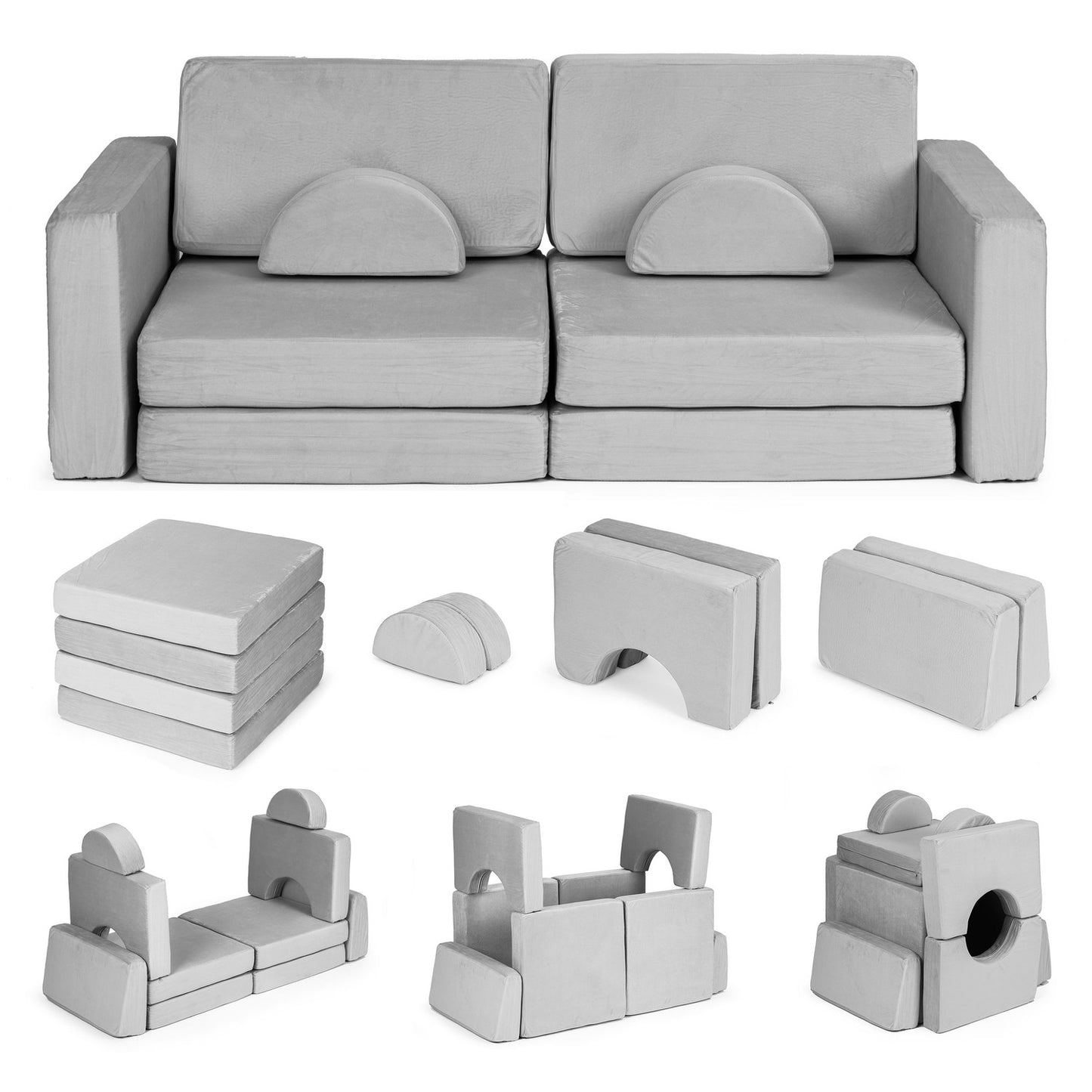 Large 2-seater modular foldable sofa for children DIY with 10 soft pillows - gray ECOTOYS