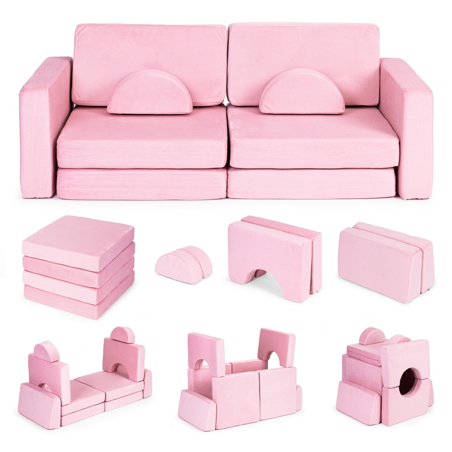 Large 2-seater modular foldable sofa for children DIY with 10 soft pillows - pink ECOTOYS