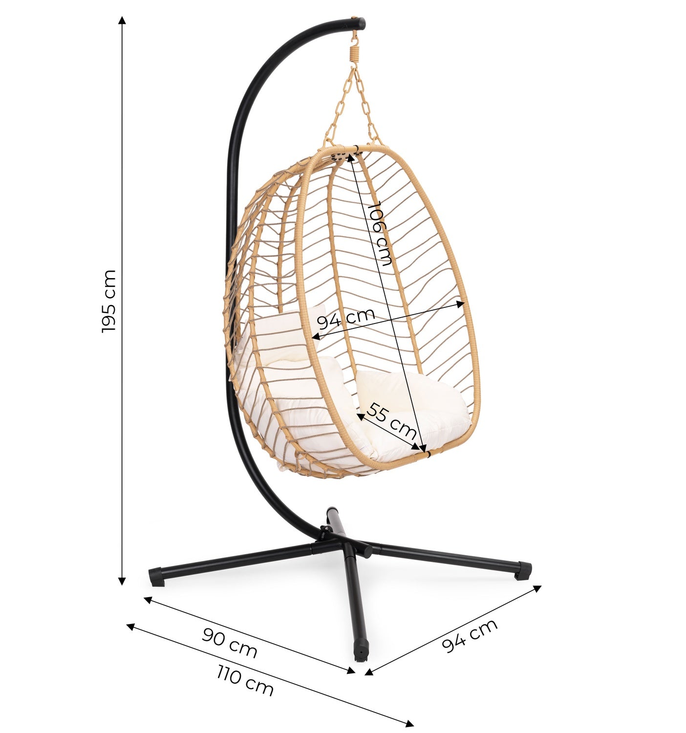 Large Hanging Egg Chair Freestanding Garden Swing up to 120 kg + Cushions MultiGarden
