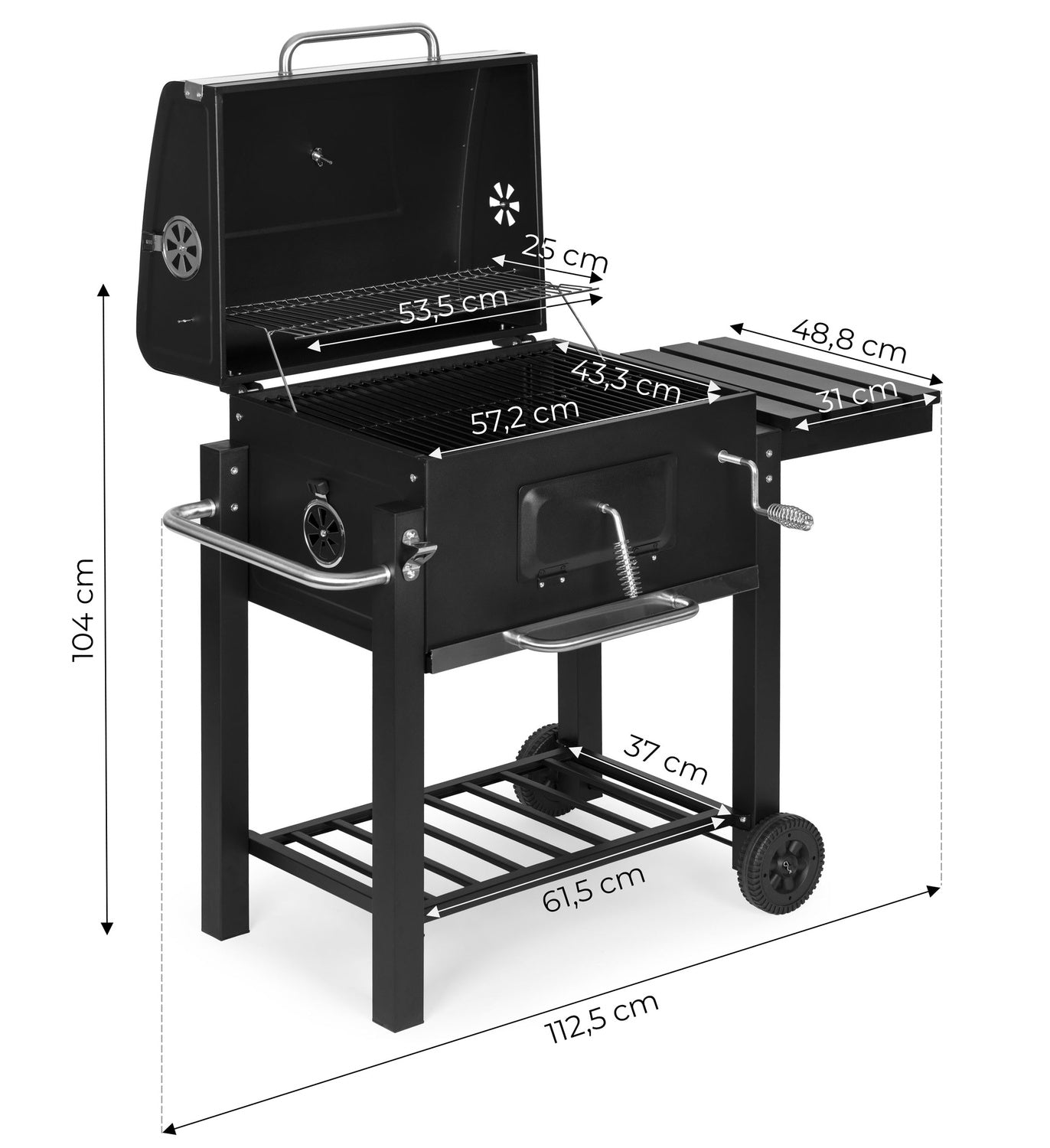 Large charcoal garden grill with lid, thermometer, shelves, wheels, free blower