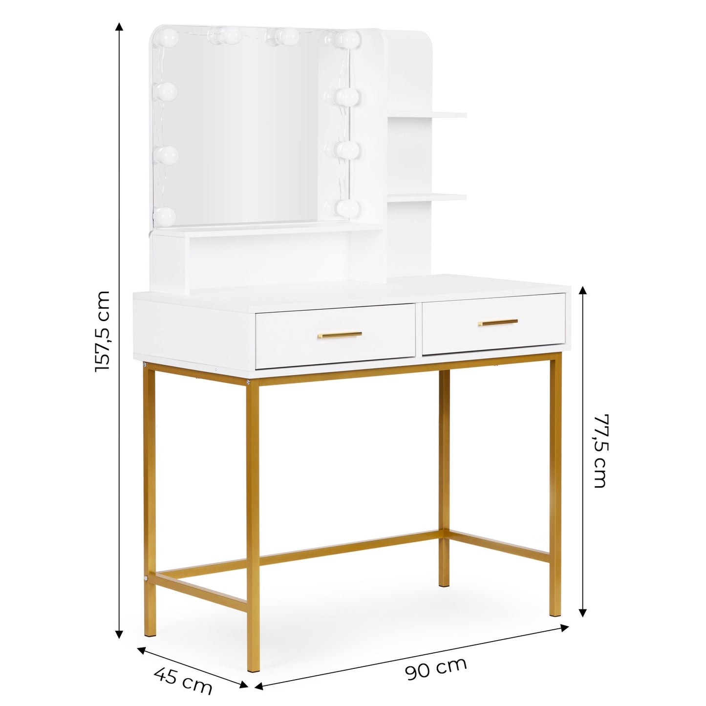 Large cosmetic dressing table with mirror and LED lighting, 3 colors, drawer shelves, ModernHome