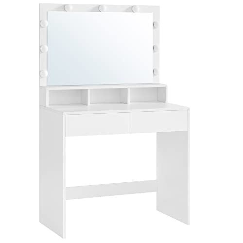 Large dressing table with mirror, LED lighting, drawers, white