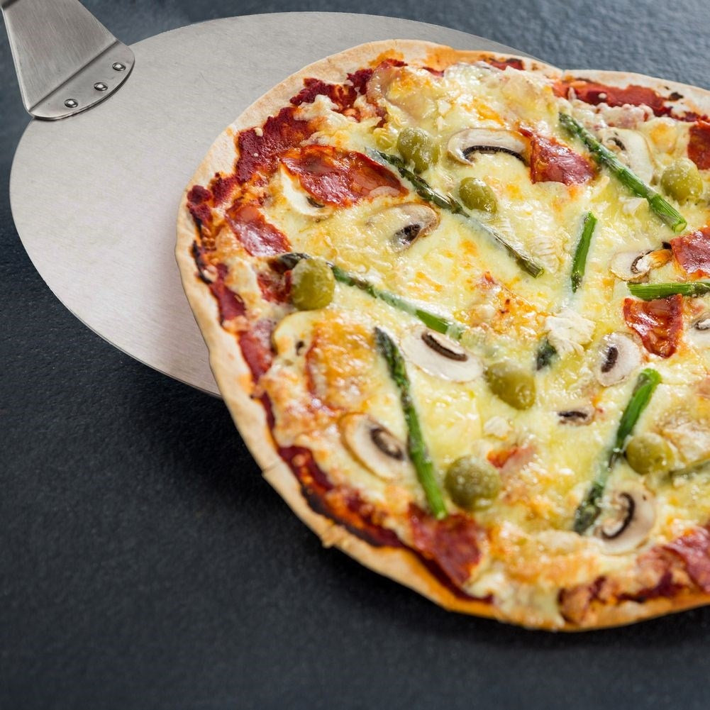 Large pizza shovel in stainless steel with wooden handle