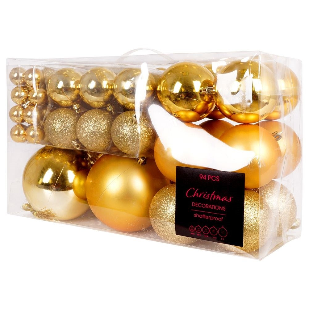 Large set of 94 unbreakable gold Christmas tree balls