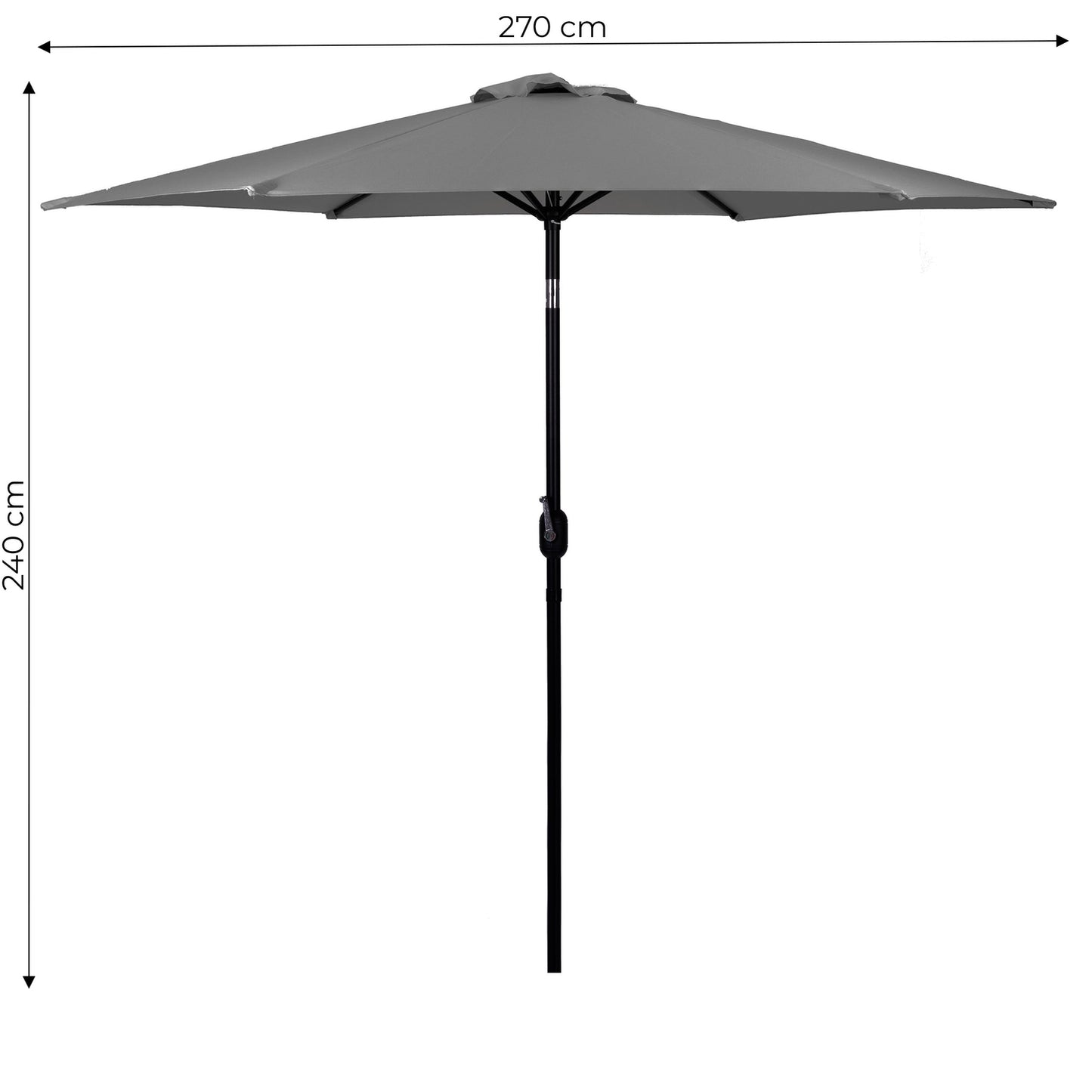 Large slanted broken garden umbrella with a crank, 6 ribs, gray 270 cm