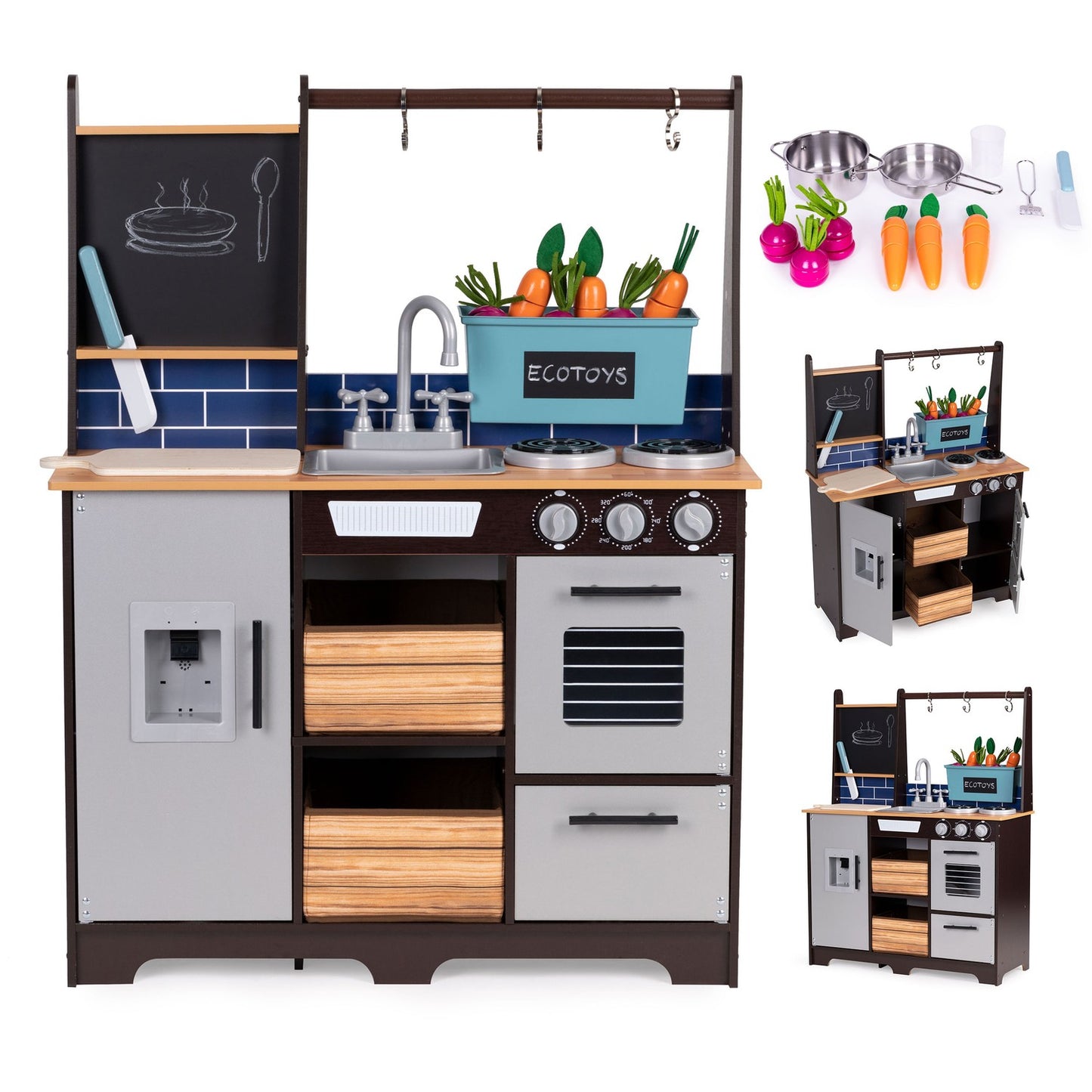 Large wooden children's kitchen with a grocery store and ECOTOYS accessories