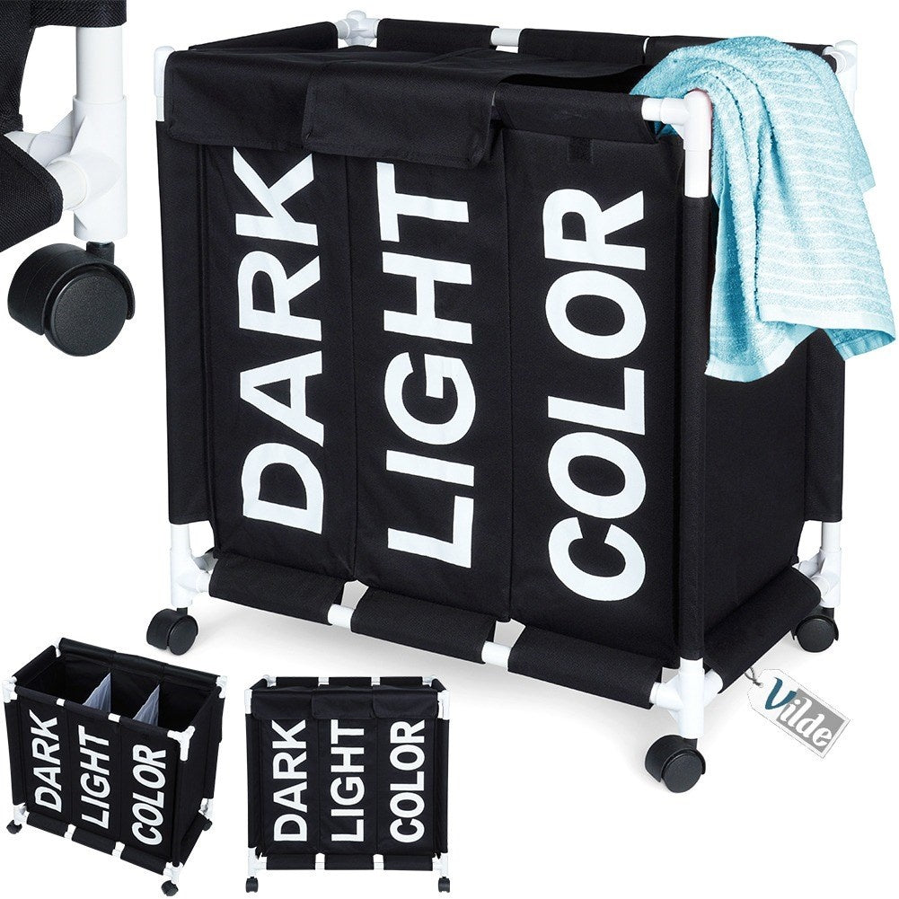 Laundry basket with wheels and three compartments for easy sorting