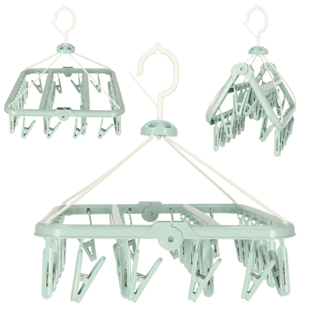Laundry drying rack for socks underwear 32 clothespins with sticks blue