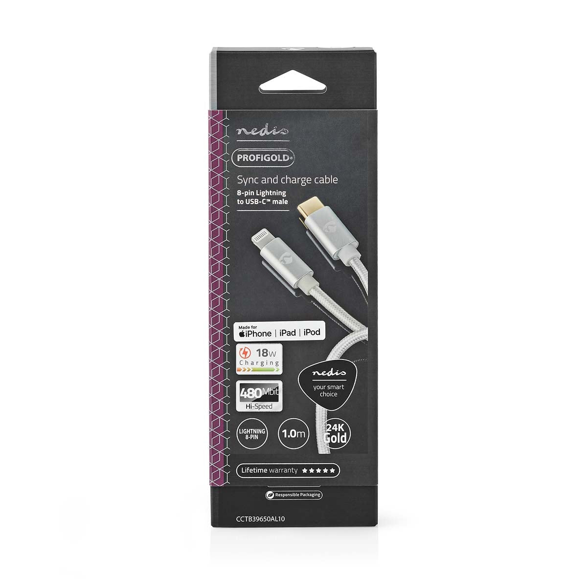 Lightning Cable | USB 2.0 | Apple Lightning, 8-pin | USB-C™ Male | 480 Mbps | Gold Plated | 1.00 m | Round | Braided / Nylon | Aluminum / Silver | Carton with covered window
