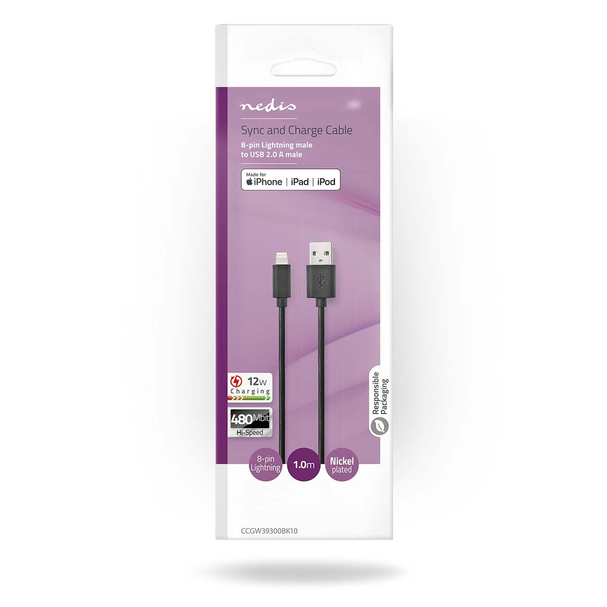Lightning to USB-A Cable, 1m, 480 Mbps, Black PVC