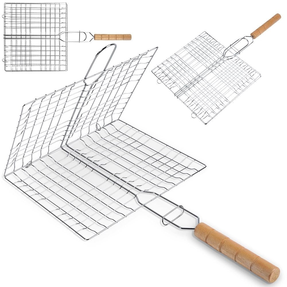 Lockable double grill with wooden handle for easy cooking