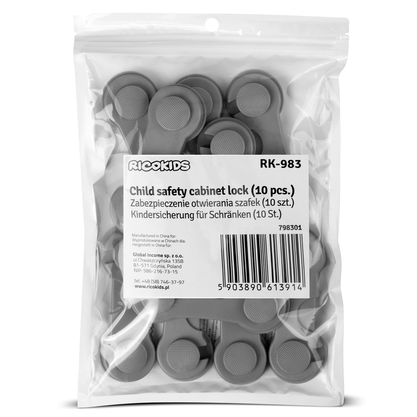 Lock protection for cabinets Ricokids 798301, 10 pcs, grey