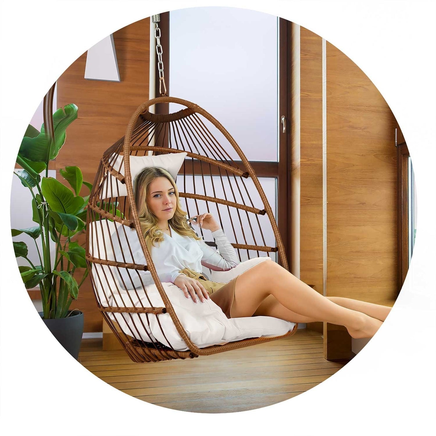 Luisiana hanging garden chair brown + beige cushions Sofotel