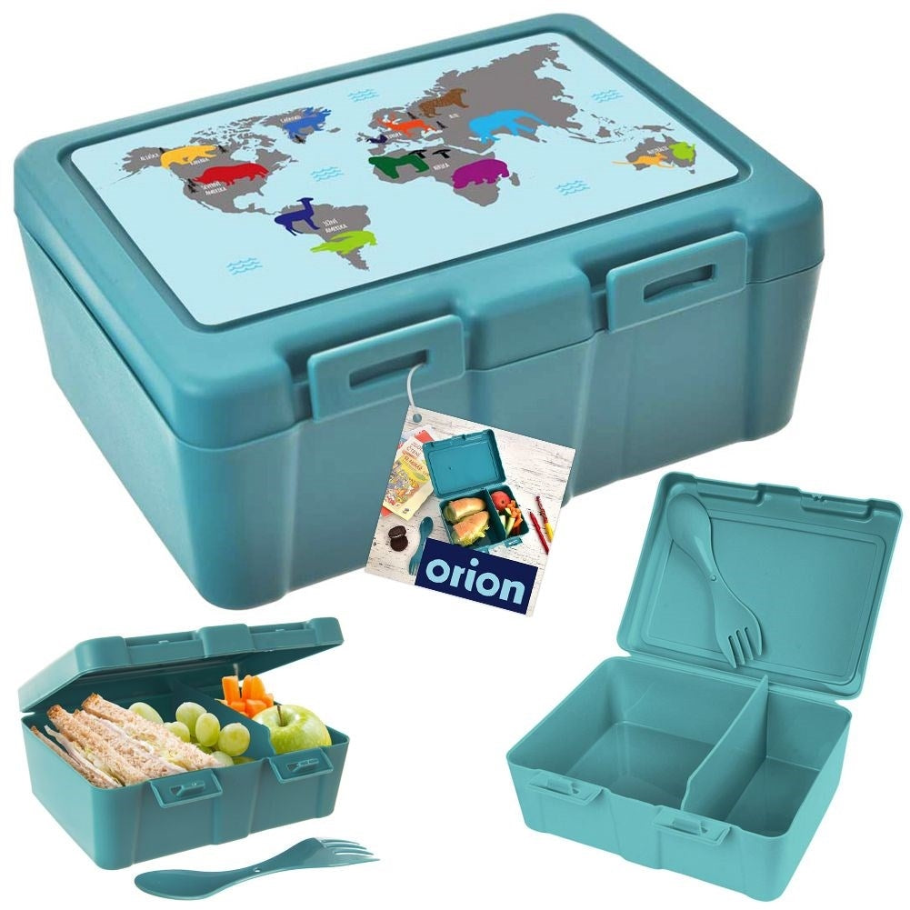 Lunch box with clip lock and world motif, two compartments, cutlery