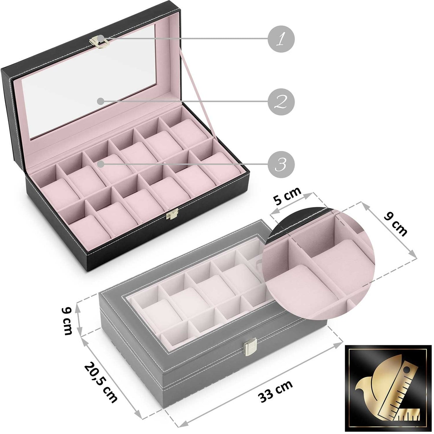 Luxury watch box for 12 watches Massido MS-710 Black/Salmon pink