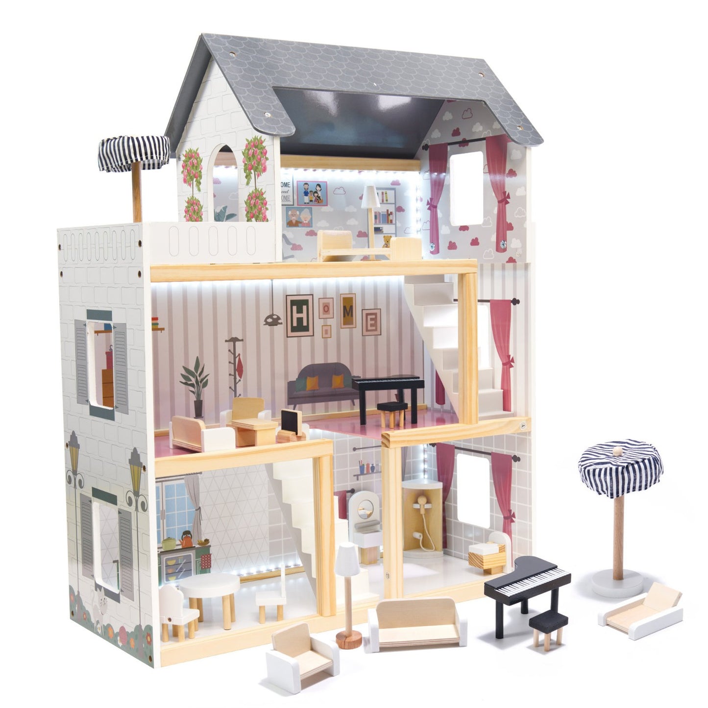 MDF wooden dolls' house + furniture 78cm black LED