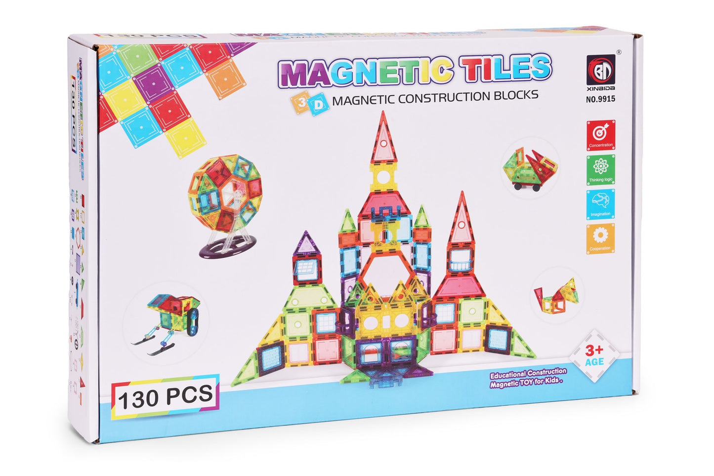 Magnetic Building Blocks Set, 130 Pieces, 3D & Vehicle Creation