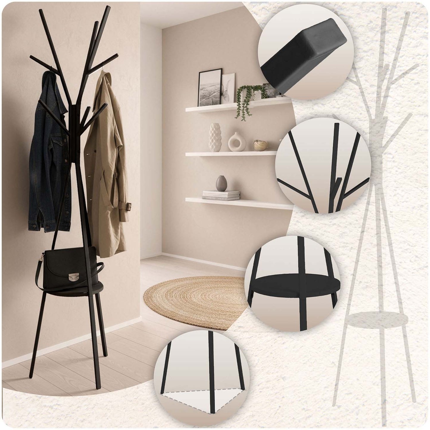 Massido MS-869 standing metal clothes hanger with shelf