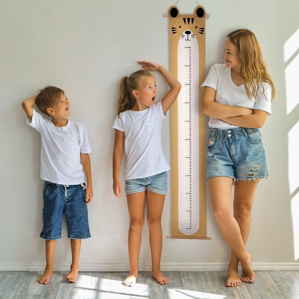 Measuring stick for children in mustard yellow canvas with tiger motif