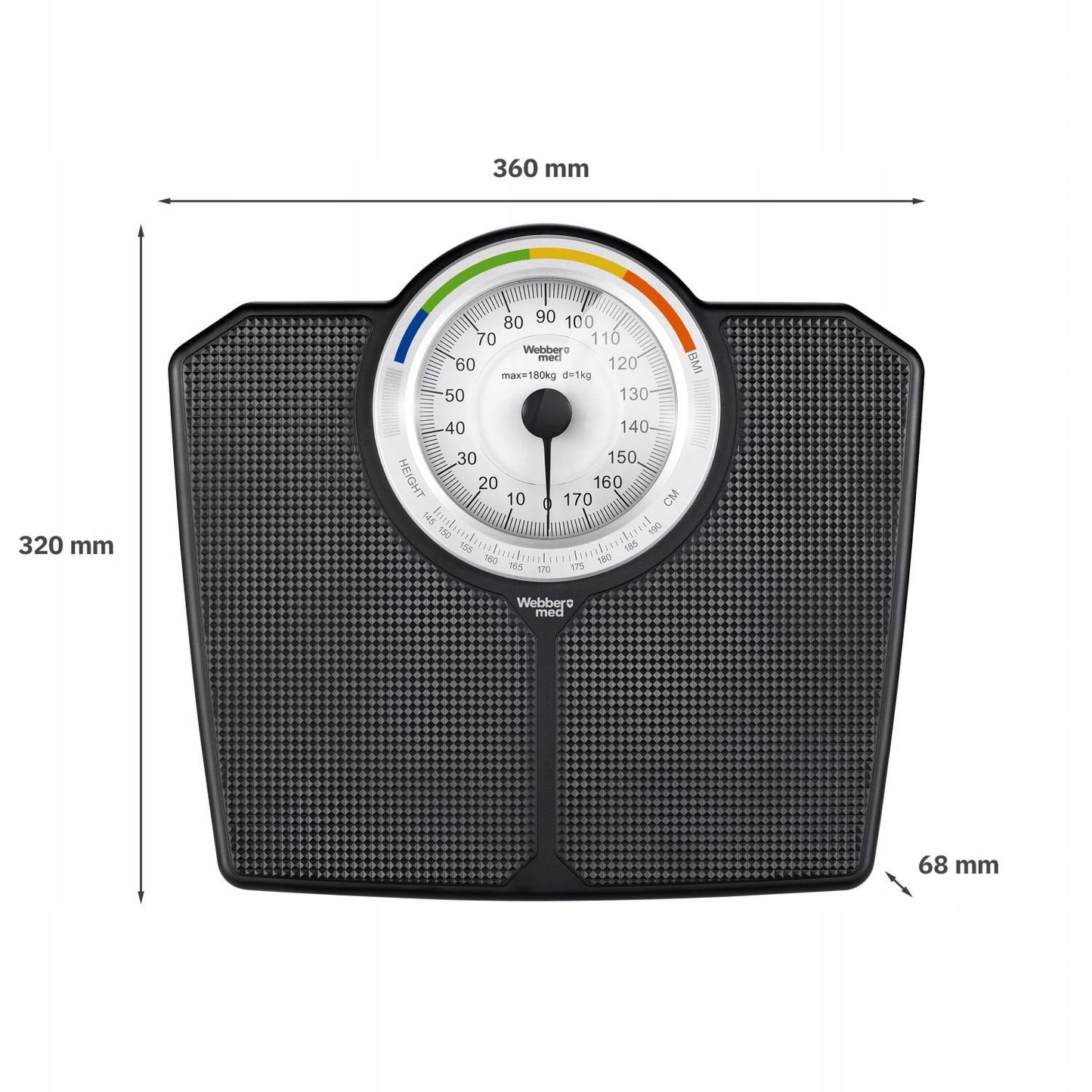 Mechanical Bathroom Scale with BMI, 180 kg Capacity, Black