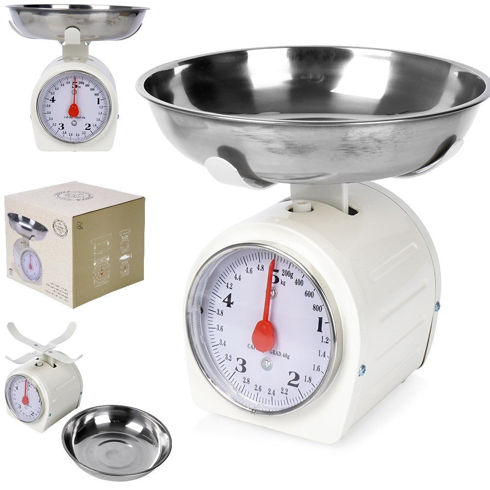 Mechanical kitchen scale with removable bowl, retro design, 5 kg