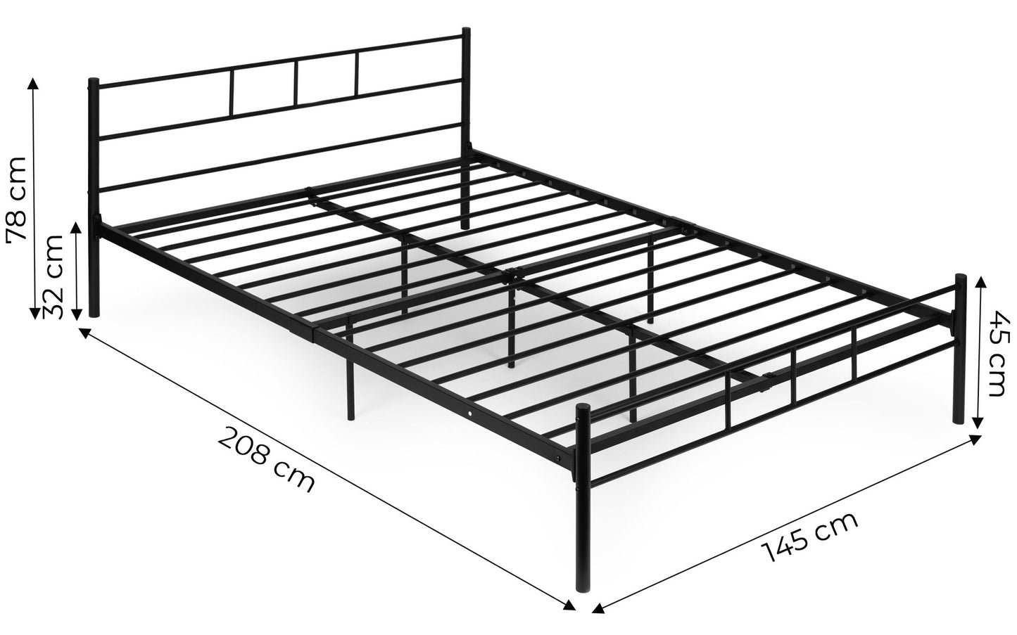 Metal Bed Frame 140x200 cm, Black, Slatted Base