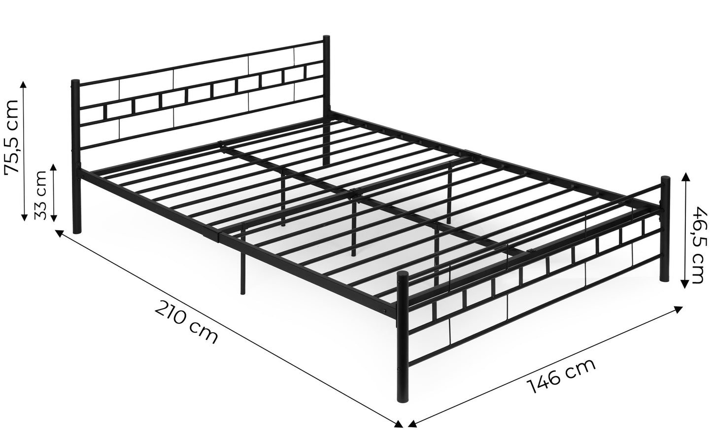 Metal Bed Frame 140x200 cm, Black, Slatted Base