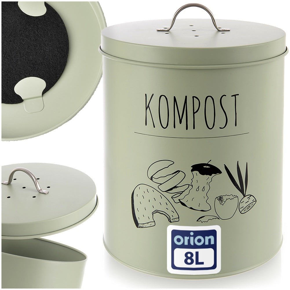Metal Kitchen Compost Bin with Carbon Filter, 8L, Green