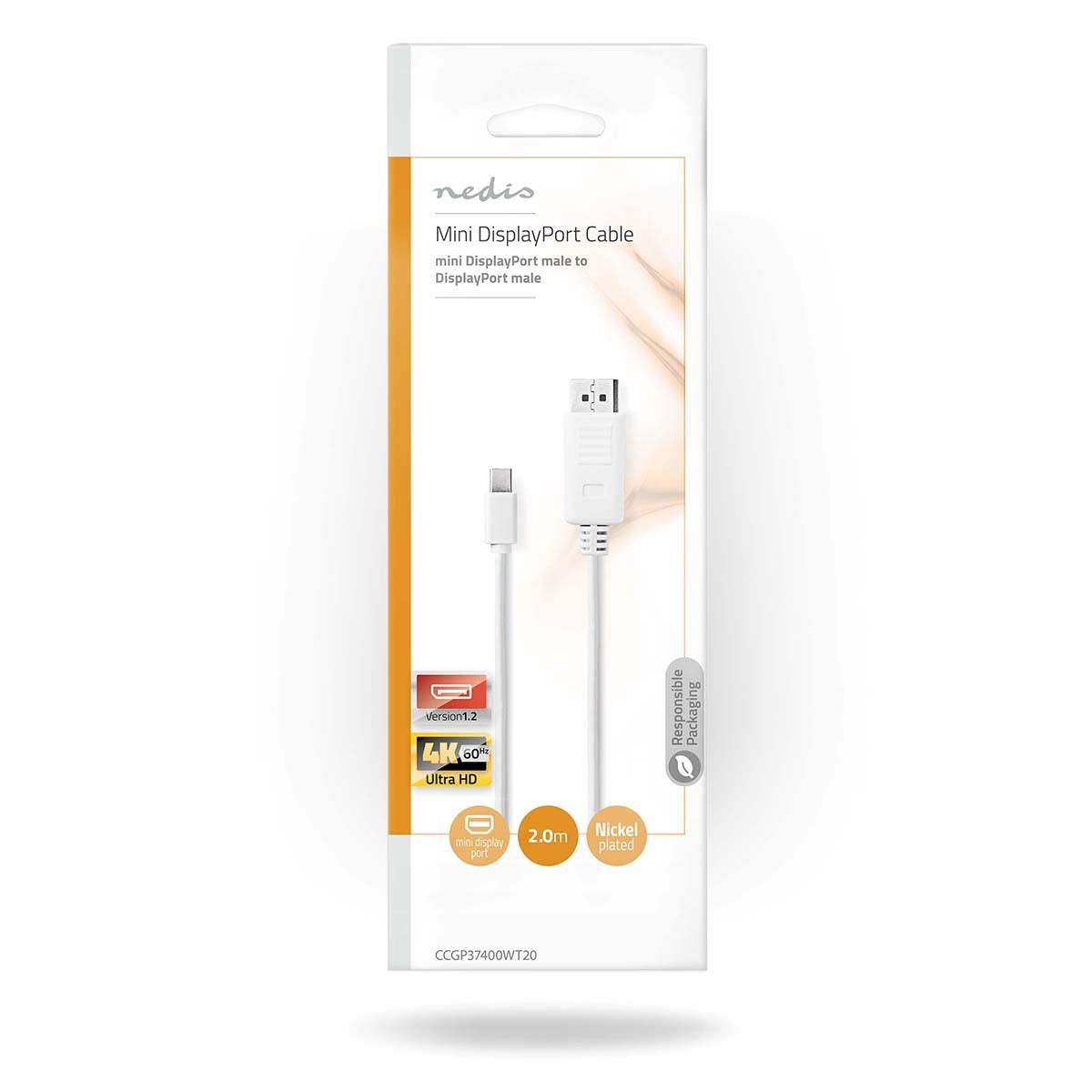 Mini Displayport Cable | DisplayPort 1.2 | Mini DisplayPort Male | DisplayPort Male | 21.6 Gbps | Nickel Plated | 2.00 m | Round | PVC | White | Plastic bag