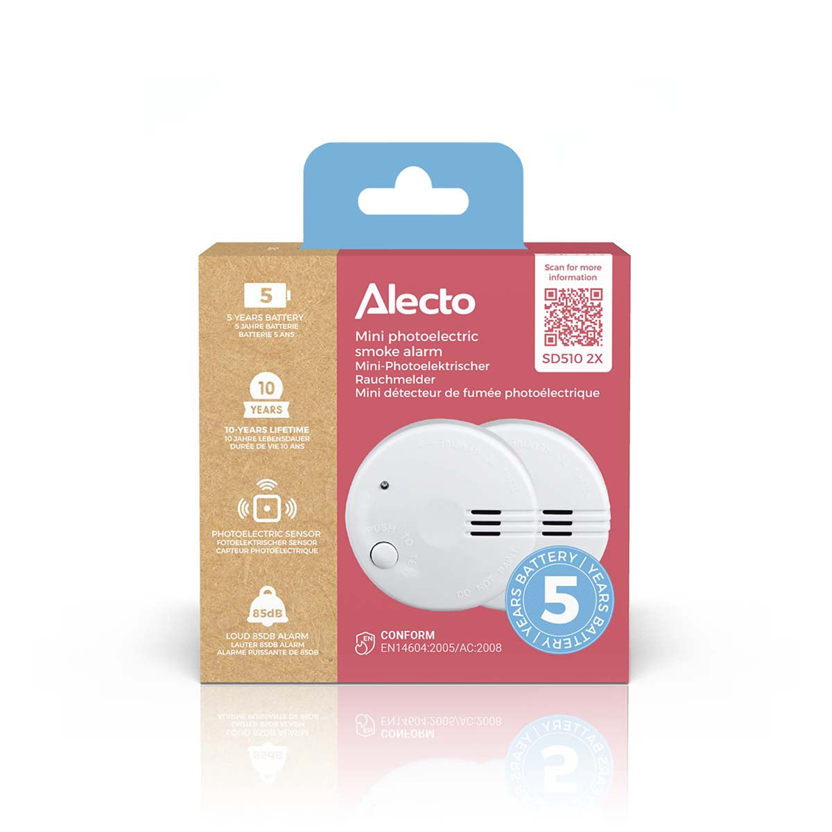 Mini Smoke Detector, 5-Year Battery, 2-Pack, White
