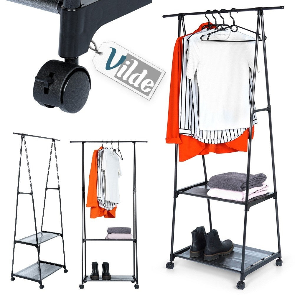 Mobile clothes hanger with shoe shelf and wheels for home and office