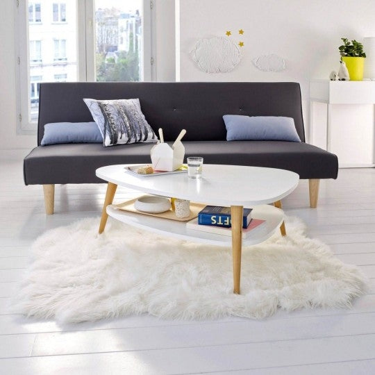 Modern coffee table, shelf, wooden legs, ModernHome white