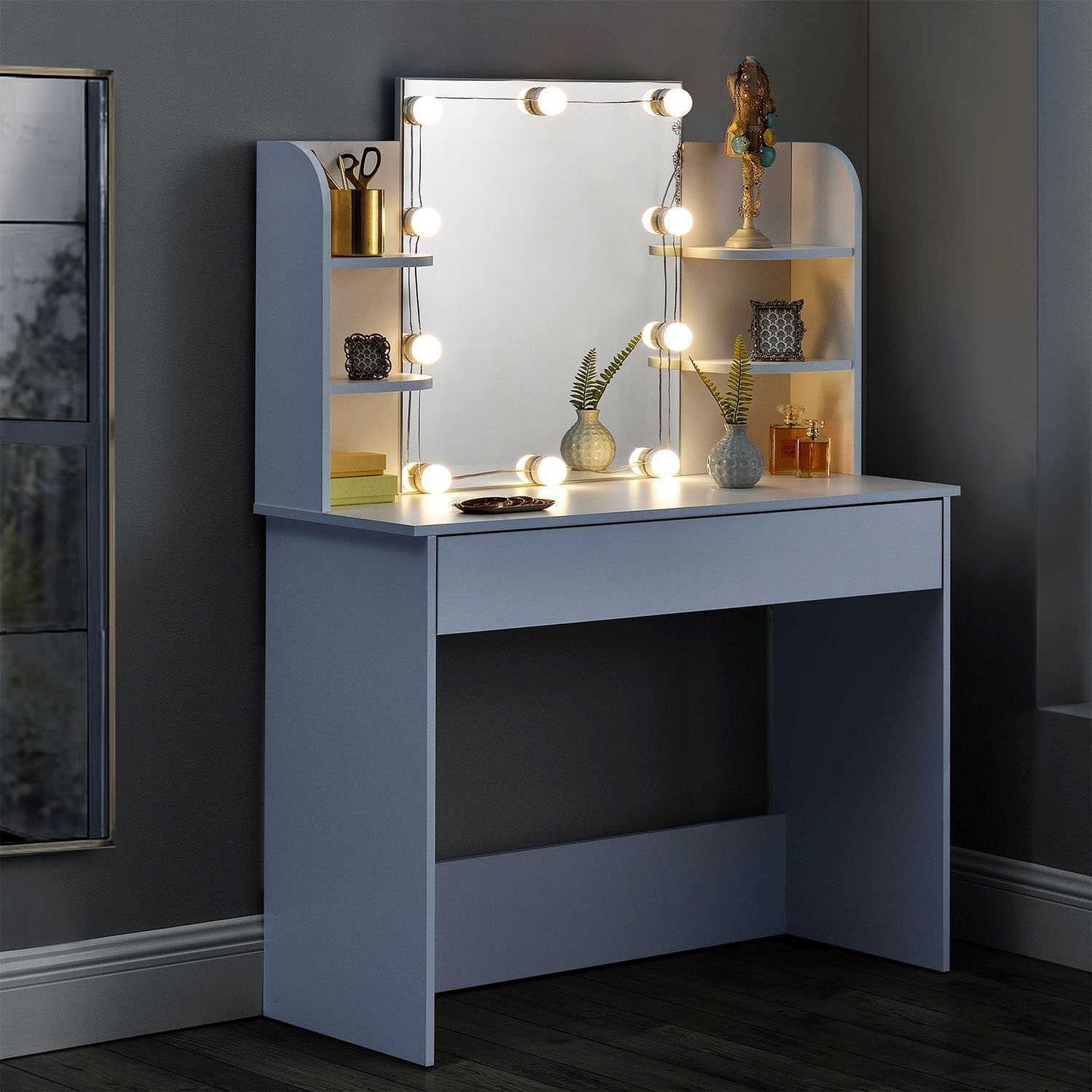 Modern dressing table large mirror shelves ModernHome
